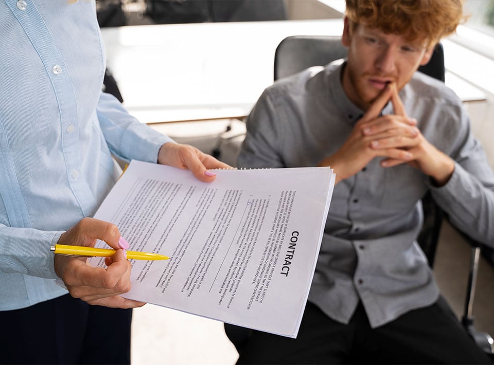 Una persona que presenta un documento de contrato de derecho de familia a un joven pensativo sentado en un escritorio, concentrándose intensamente en el documento.