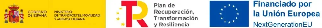 Tres pancartas conectadas en el pie de página del sitio web que muestran el gobierno español y las banderas de la UE, un texto que promueve un plan de recuperación y resiliencia y una mención de la financiación de la UE.